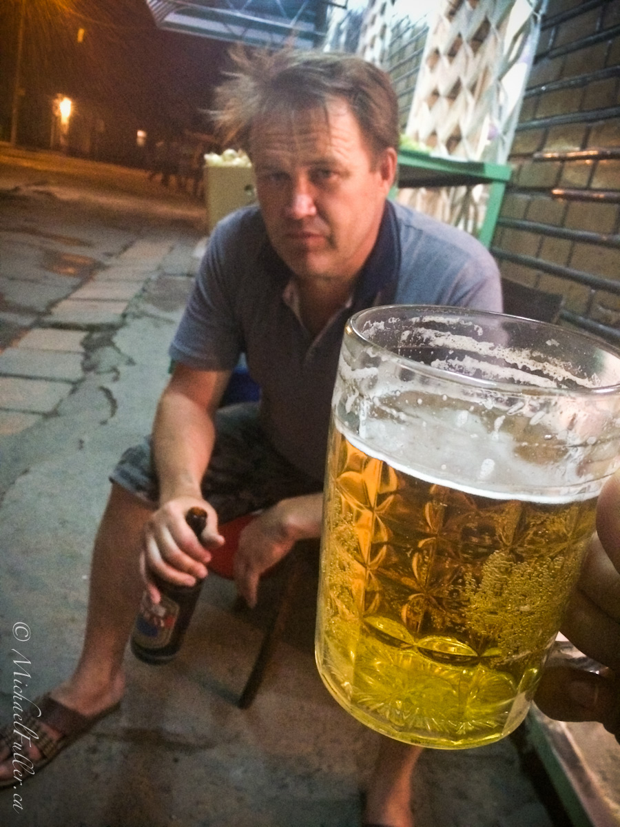 Outside a shop in the capital Tashkent, this slightly drunk man Vlad approached me. When he learned that I, "Misha", was a guest in his country, he demanded I drink 'piva' (beer) with him. I declined and he walked away, returning minutes later from the nearby pub, pint in hand. After two beers, I protested hard against a third, but he was insistent, and I was shortly running away as he staggered after me spilling beer and shouting "Miiiiisha!! Piiiiiva!"