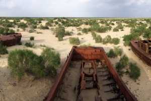 The rusted memories of the Aral Sea: Fishing boats, dragged here to die together.